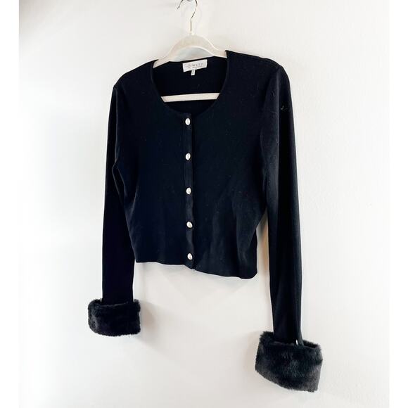 Wayf Long Sleeve Button Front Cropped Cardigan with Faux Fur Cuffs Black Medium - Picture 4 of 9